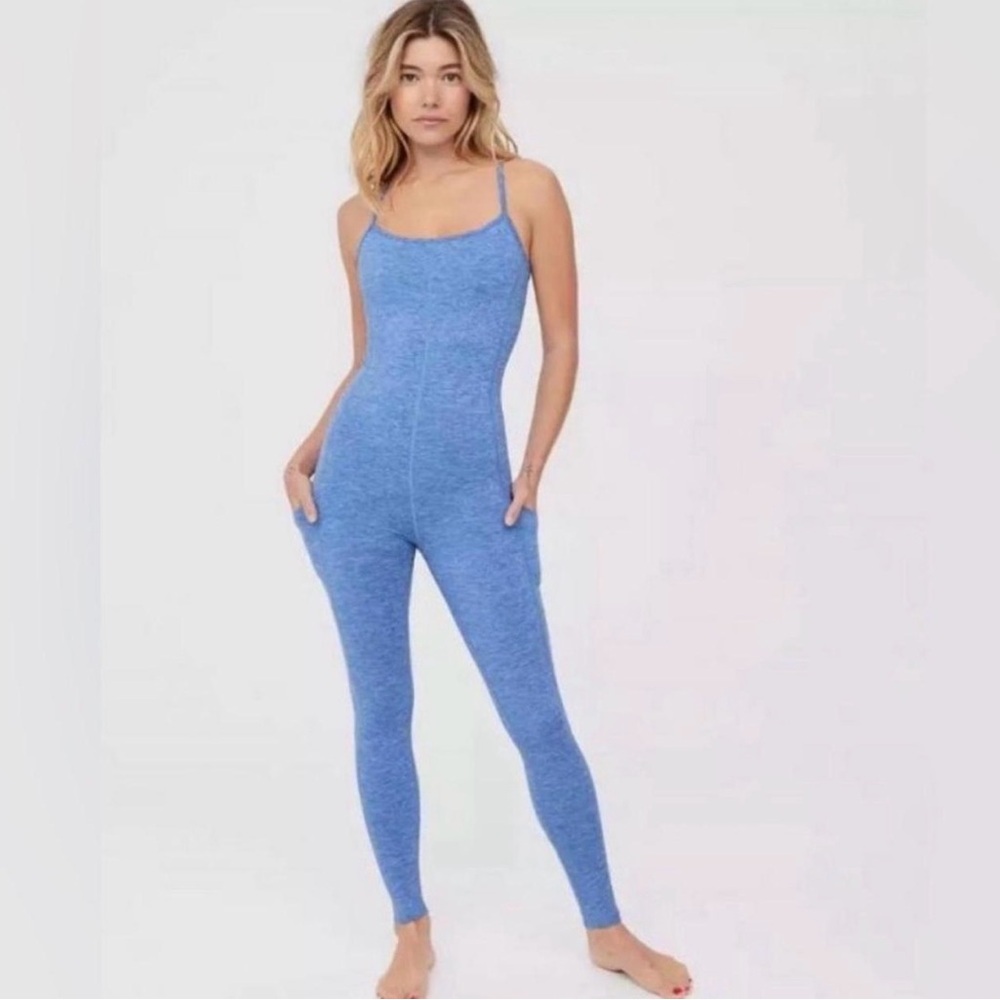 Aerie Offline Jumpsuit Blue Activewear Romper Built In Bra Pockets Small
